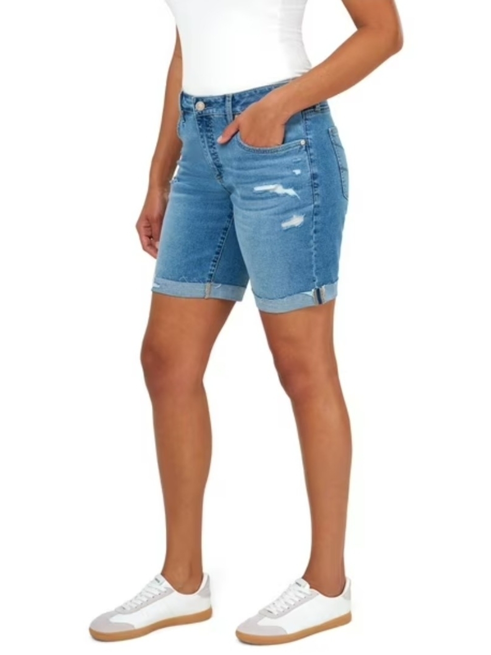 Seven7 Light Blue Wash Distressed Denim Bermuda Jeans Shorts Womens Size 14